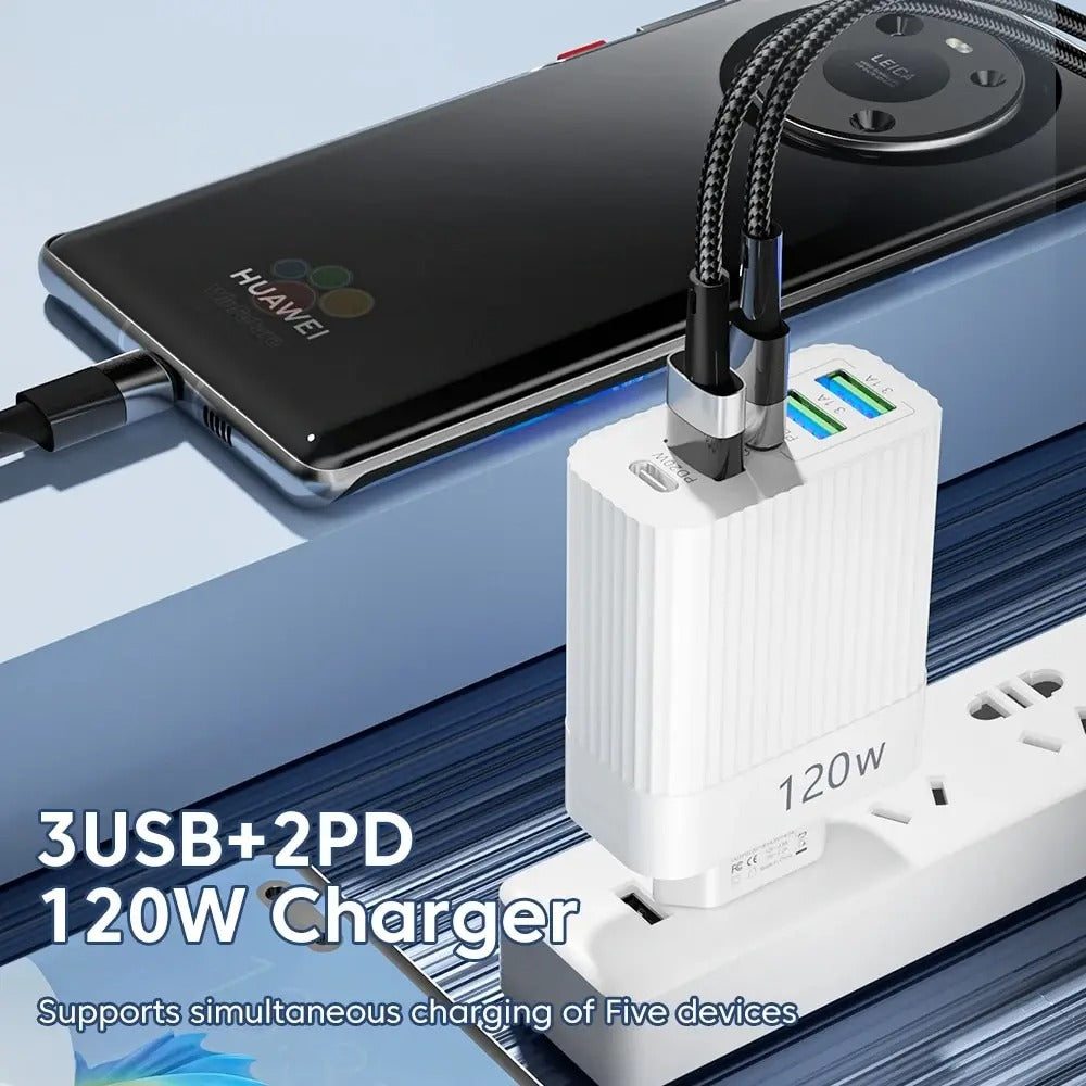 120W 5-Port USB PD Charger 3USB-A + 2USB-C PD QC3.0 Fast Charging
