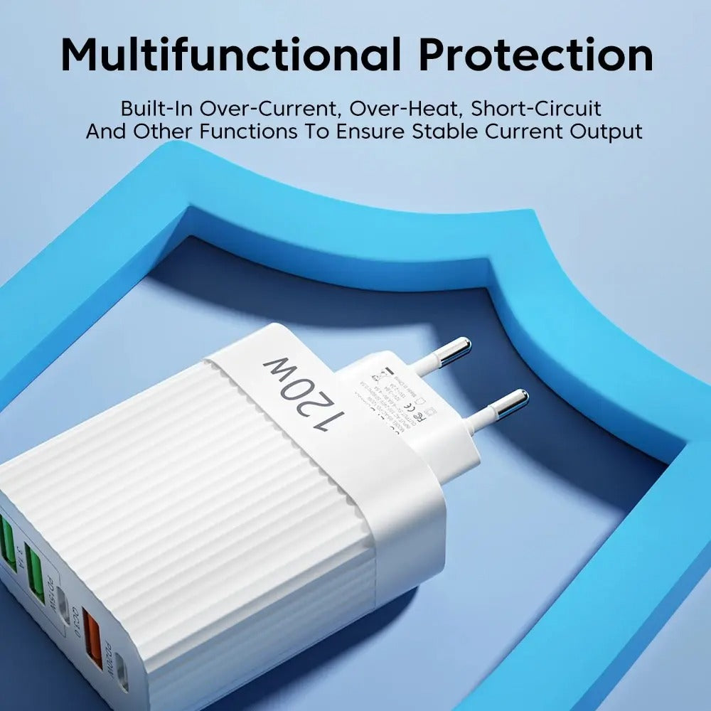 120W 5-Port USB PD Charger 3USB-A + 2USB-C PD QC3.0 Fast Charging