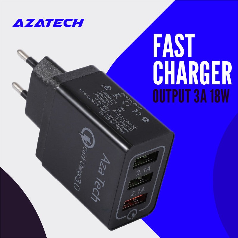 AzaTech QC 3.0 Fast Charger With Triple USB 3 Port 3A 18W 25W