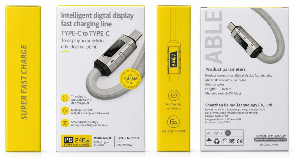 40W 1.5m Digital Display Braided USB-C To Type-C Super Fast Charging Cable