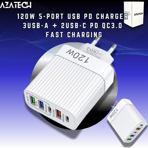 120W 5-Port USB PD Charger 3USB-A + 2USB-C PD QC3.0 Fast Charging