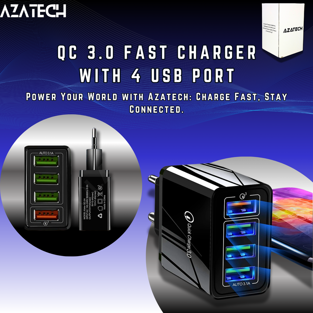 AzaTech QC 3.0 Fast Charger With 4 USB Port 3A 30W