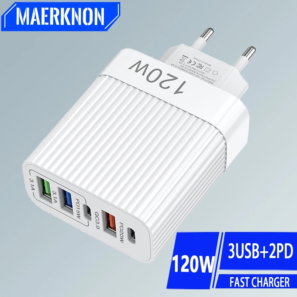 120W 5-Port USB PD Charger 3USB-A + 2USB-C PD QC3.0 Fast Charging