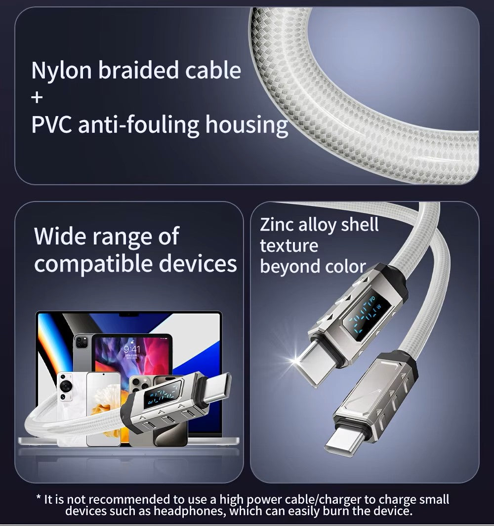 40W 1.5m Digital Display Braided USB-C To Type-C Super Fast Charging Cable