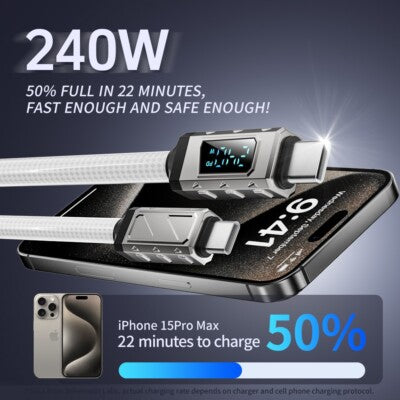 40W 1.5m Digital Display Braided USB-C To Type-C Super Fast Charging Cable
