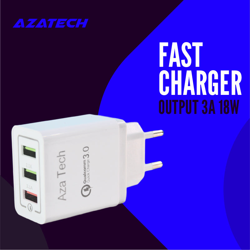 AzaTech QC 3.0 Fast Charger With Triple USB 3 Port 3A 18W 25W
